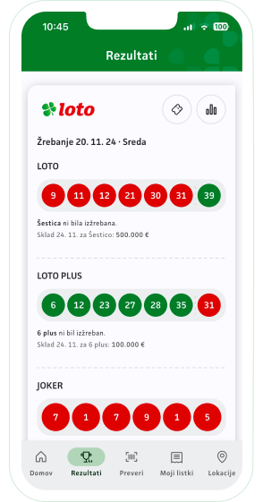 zaslon mobilne aplikacije za pregled rezultatov žrebanja