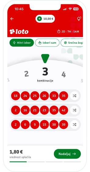 zaslon mobilne aplikacije Loterije Slovenije za igralni del 